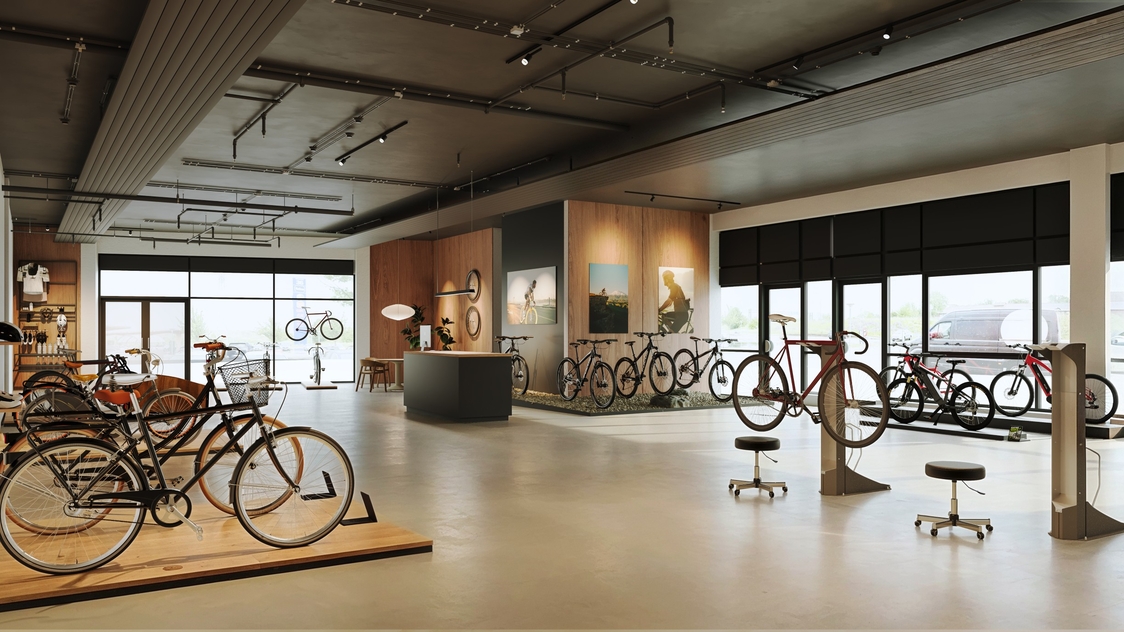 Visualisering af cykelbutik tilhørende lejemålet Klosterparks Allé 10, butik 7B, 4100 Ringsted | Billede til print